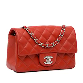 Chanel-Sac à bandoulière rectangulaire à rabat unique en cuir d'agneau classique Mini Chanel rouge-Rouge