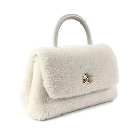 Chanel-White Chanel Small Shearling Coco Top Handle Bag Satchel-White