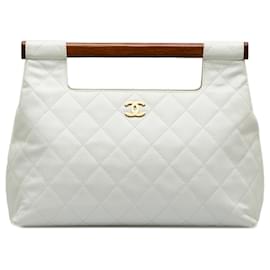 Chanel-Chanel White Quilted Caviar Wood Handle Tote Bag-White