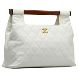 Chanel-Chanel White Quilted Caviar Wood Handle Tote Bag-White