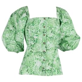 Ganni-Ganni Floral Puff Sleeve Poplin Top in Green Cotton-Green