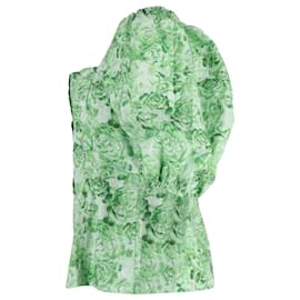 Ganni-Ganni Floral Puff Sleeve Poplin Top in Green Cotton-Green