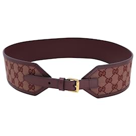 Gucci-Gucci Embellished Leather-Trimmed Waist Belt in Maroon Canvas-Brown,Red