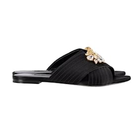 Versace-Versace Cross Strap Bejeweled Flats in Black Satin-Black