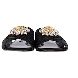 Versace-Versace Cross Strap Bejeweled Flats in Black Satin-Black