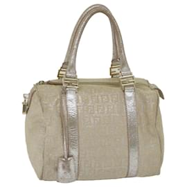 Fendi-FENDI Zucchino Canvas Hand Bag Silver Auth 59329-Silvery