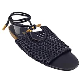 Autre Marque-Salvatore Ferragamo Black Woven Leather Ankle Wrap Flat Sandals-Black