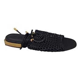 Autre Marque-Salvatore Ferragamo Black Woven Leather Ankle Wrap Flat Sandals-Black