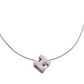 Hermès-Silver Hermes Cage dH Cube Necklace-Silvery