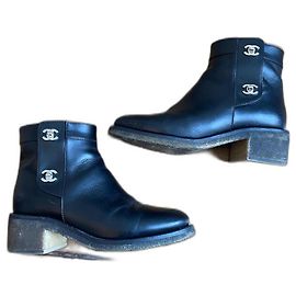 Chanel Leather Ankle Boots Black C Logo Black
