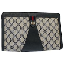 Gucci-GUCCI GG Supreme Sherry Line Clutch Bag Red Navy gray 156 01 033 auth 59620-Red,Grey,Navy blue