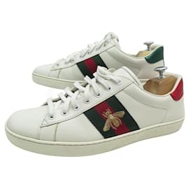 Gucci-CHAUSSURES GUCCI BASKETS ACE 429446 10 IT 45 FR CUIR BRODEE SNEAKERS SHOES-Blanc