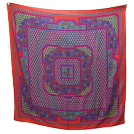 Hermès-HERMES CHALE FLOWERS IN CASHMERE AND RED SILK CASHMERE SHAWL SCARF-Red