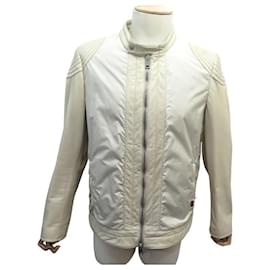 Gucci-GUCCI JACKET BIKER JACKET L 54 Item 52 FR NYLON & BEIGE LEATHER COAT JACKET-Beige