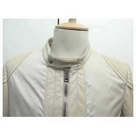 Gucci-GUCCI JACKET BIKER JACKET L 54 Item 52 FR NYLON & BEIGE LEATHER COAT JACKET-Beige