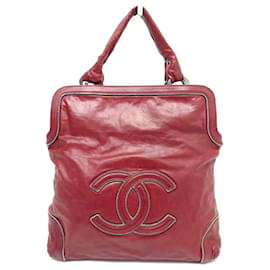 Chanel-CHANEL SHOPPING LOGO CC CHAINSTITCH RED LEATHER HAND BAG-Red
