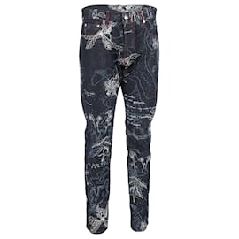 Mcq-Alexander McQueen Floral-Print Denim Jeans in Navy Blue Cotton-Blue,Navy blue