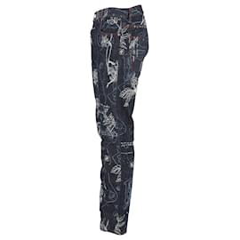 Mcq-Alexander McQueen Floral-Print Denim Jeans in Navy Blue Cotton-Blue,Navy blue