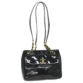 Chanel-CHANEL Chain Shoulder Bag Patent Leather Black CC Auth bs10157-Black