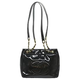 Chanel-CHANEL Chain Shoulder Bag Patent Leather Black CC Auth bs10157-Black