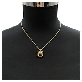 Christian Dior-Vintage Black Enamel Gold Metal CD Pendant Necklace-Golden