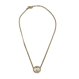 Christian Dior-Gold Metal Dior Oval Logo Rhinestones Necklace-Golden