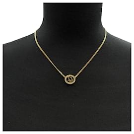 Christian Dior-Gold Metal Dior Oval Logo Rhinestones Necklace-Golden