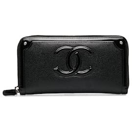 Chanel-Chanel Black CC Caviar Leather Zip Around Long Wallet-Black
