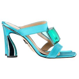 Paul Andrew Jewel T-Strap Mule Sandals in Blue Satin Blue