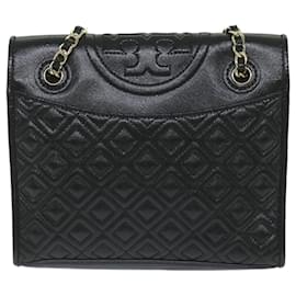 Tory Burch-TORY BURCH Quilted Chain Shoulder Bag PVC Leather Black Auth am5283-Black