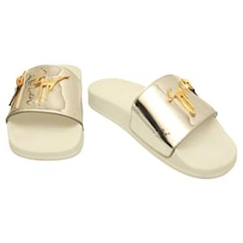 Giuseppe Zanotti-Giuseppe Zanotti Brett Logo Silver Leather Zip Slides Sandals Shoes size 39-Silvery