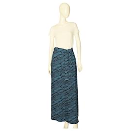 Kenzo-Kenzo Schwarz-blauer Sommer-Maxi-Long-Wickelrock aus Viskose, Gr 36 W. Taschen-Blau