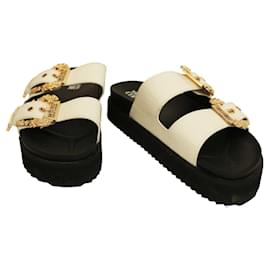 Versace-Versace Jeans Couture Branco Preto Slides Logo Fivela Sandálias Flatform Sapatos 39-Preto