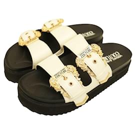 Versace-Versace Jeans Couture Branco Preto Slides Logo Fivela Sandálias Flatform Sapatos 39-Preto