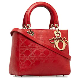 Dior-Dior Rojo Medio Cannage De Piel De Cordero En Relieve Lady Dior-Roja
