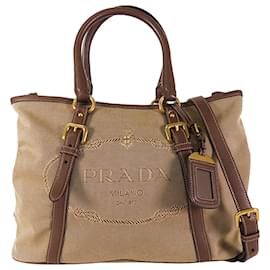 Prada-Bolso satchel marrón con logo de Prada Canapa-Castaño,Beige