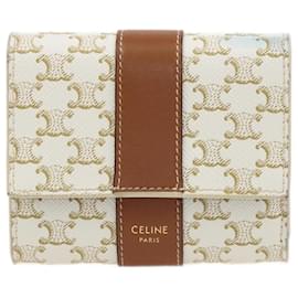 Céline-White/Tan Triomphe Trifold Wallet-White