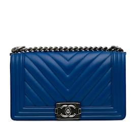 Chanel-Blue Chanel Medium Lambskin Chevron Boy Flap Crossbody Bag-Blue