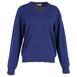 Moncler-Moncler V-neck Sweater in Navy Blue Cotton-Navy blue