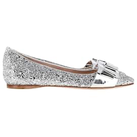 Miu Miu-Miu Miu Bow Detail Ballet Flats in Silver Glitter-Silvery