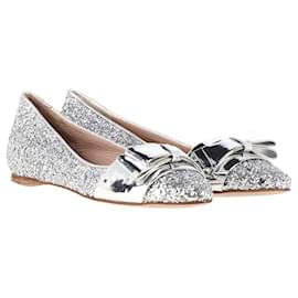 Miu Miu-Miu Miu Bow Detail Ballet Flats in Silver Glitter-Silvery