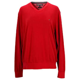Tommy Hilfiger-Luxuriöser Herren-Pullover aus Baumwolle mit V-Ausschnitt-Rot