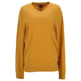 Tommy Hilfiger-Suéter masculino de algodão caxemira com decote em V-Amarelo