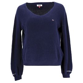 Tommy Hilfiger Suéter feminino de algodão puro com decote em V em algodão azul Azul