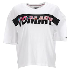 Tommy Hilfiger-T-Shirt mit floralem Logo-Print für Damen-Weiß