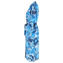 Hugo Boss-Vestido camisa floral Boss by Hugo Boss na altura do joelho em seda azul-Azul