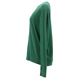 Tommy Hilfiger-Suéter masculino de algodão e seda com gola redonda-Verde