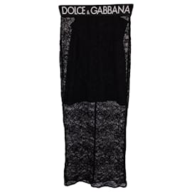 Dolce & Gabbana-Dolce & Gabbana Falda midi de encaje con logo en la cintura en poliamida negra-Negro