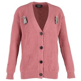 Gestrickte Strickjacke mit Rochas-Bug-Brosche aus rosafarbener Baumwolle Pink