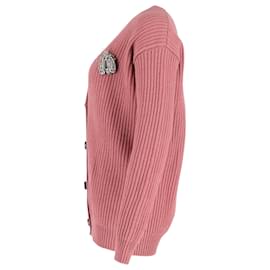 Rochas-Rochas Bug Brooch Knitted Cardigan in Pink Cotton Wool-Pink